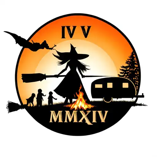 "IV V MMXIV" silhouette of busty sexy witch bride on broomstick over a campsite with a trailer and campfire with children & dog tattoo design idea