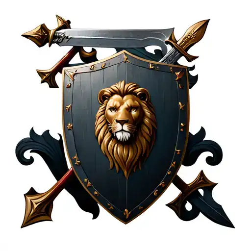 Roman Shield with sword and spear background and lion in the middle tattoo design idea