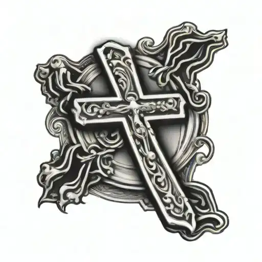 small stick cross with praying hands bottom left and #41 bottom right tattoo design idea