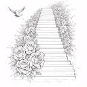 A sketch style tattoo of a stairway to heaven made of English roses, with a dove flying towards the top tattoo design idea