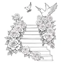 A sketch style tattoo of a stairway to heaven made of English roses, with a dove flying towards the top tattoo design idea