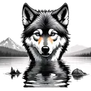 wolf puppy stepping in a shallow lake and the reflection is that of a grown wolf. in the background a forest and a mount tattoo design idea