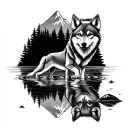 wolf puppy stepping in a shallow lake and the reflection is that of a grown wolf. in the background a forest and a mount tattoo design idea