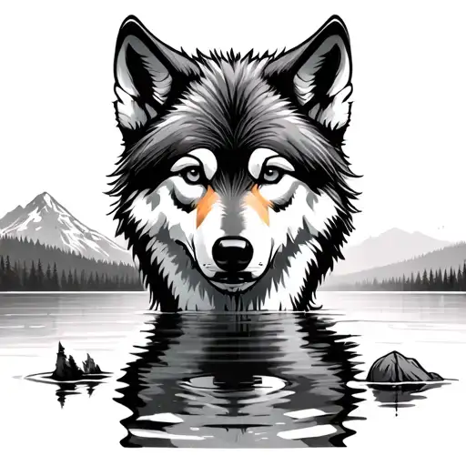 wolf puppy stepping in a shallow lake and the reflection is that of a grown wolf. in the background a forest and a mount tattoo design idea