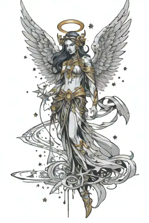 world of warcraft angel surrounded by falling stars and spiral decor tattoo design idea