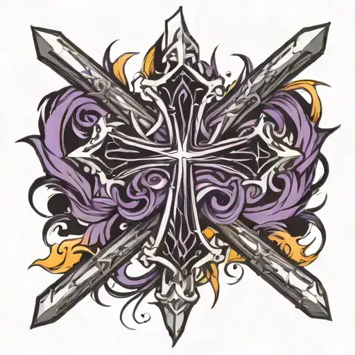 Cross made of spikes with purple sash across the cross and flames in the background tattoo design idea