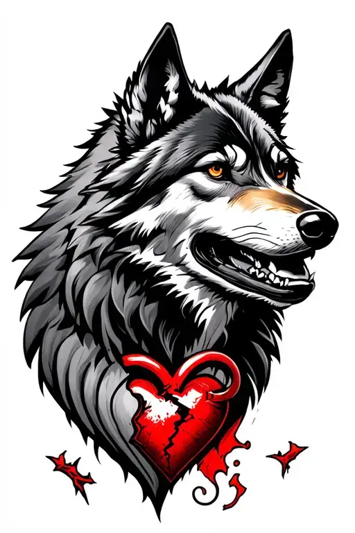 a wolf head, freedom and a broken heart half grinning and angel half smiling devil tattoo design idea