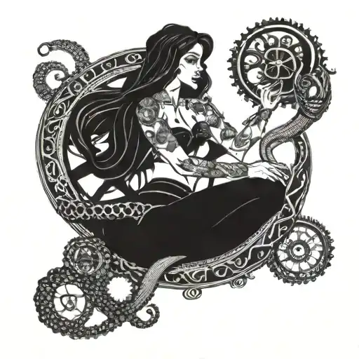 MERMAID HOLDING ONTO SHIPS WHEEL WITH AN OCTOPUS WRAPPING ITS TENTACLES AROUND tattoo design idea