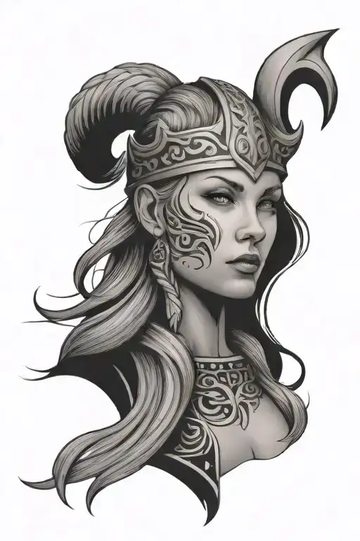 viking symbols, lady head with long tattoo design idea