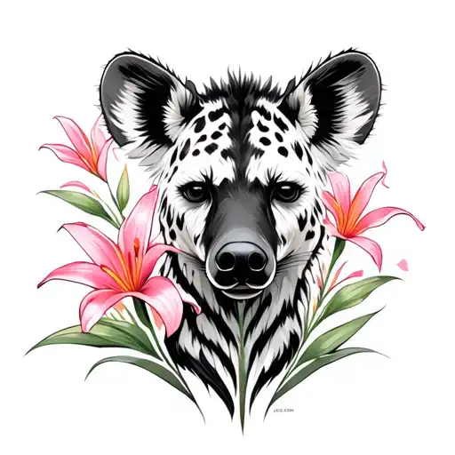black and white spotted Hyena with pink Impala Lilys around it tattoo design idea