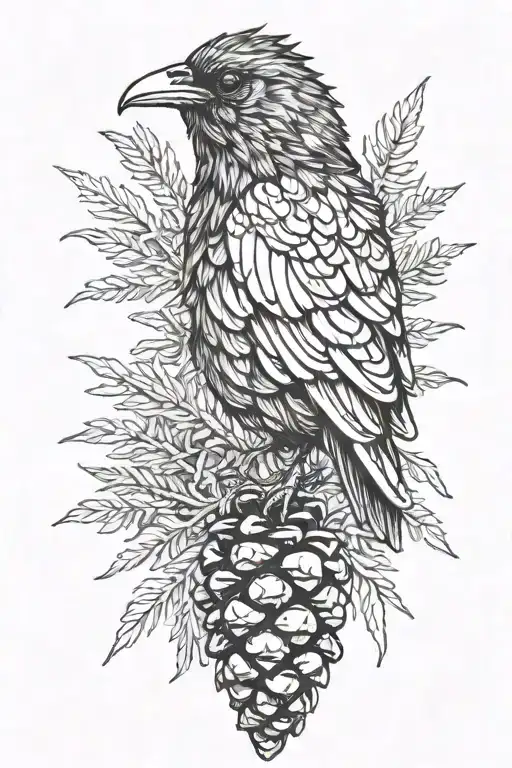 raven pine cone, pin branch, tattoo design idea