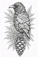 raven pine cone, pin branch, tattoo design idea