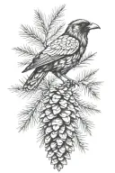 raven pine cone, pin branch, tattoo design idea