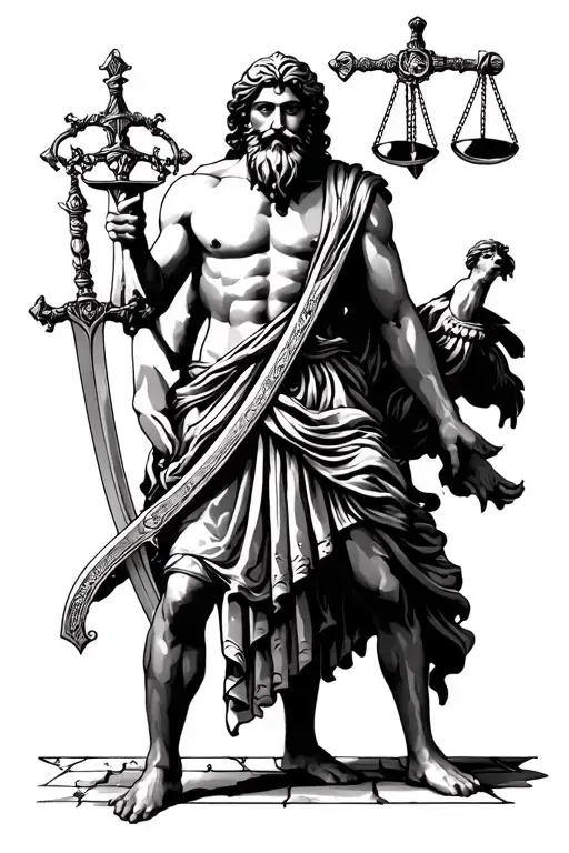 Femis with Libra and Sword located on the shoulder, passes into the image of the Greek God with a beard, to the forearm. tattoo design idea