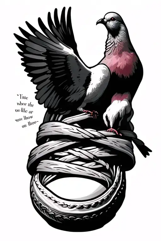 a shoe lace being pulled by a dove that  wraps  round my arm that forms the alzheimer's bow to a quote near elbow tattoo design idea