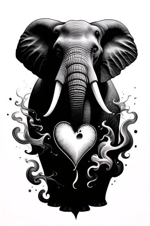 An elephant trunk fading in from an elephant head, and has a heart made of smoke emerging from the bottom of the trunk tattoo design idea