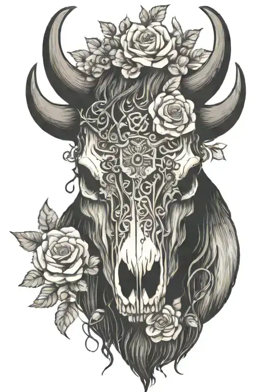 bison skull with horns and vines and flowers  tattoo design idea