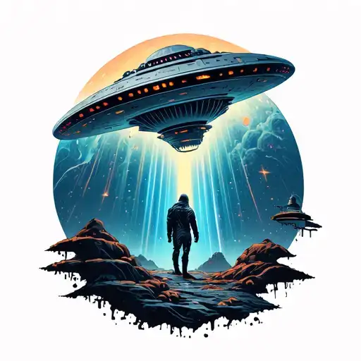 alien ship ufo abduction scene with intricate tattoo design idea