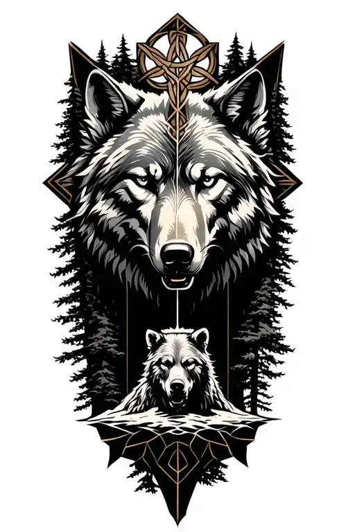 A metallic wolf within a celtic cross that leads down into a tree with a mountain, sasquatch, and bear tattoo design idea
