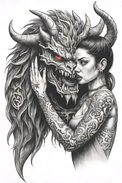 a girl soothing a large snarling demon beast with red eyes tattoo design idea