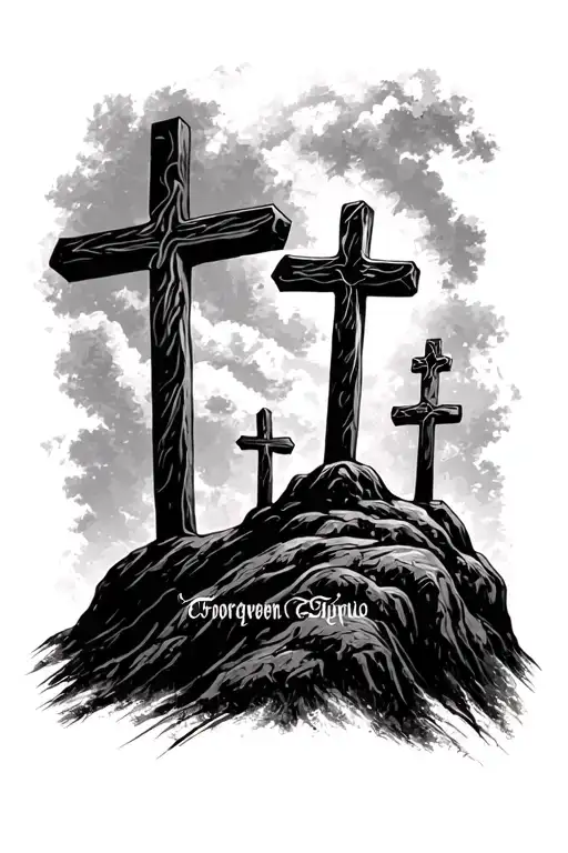 "Forgiven" 3 Crosses On A Hill tattoo design idea