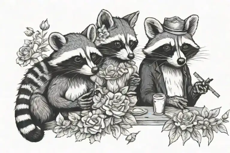 fancy possum and raccoon holding cigarettes with flowers  tattoo design idea