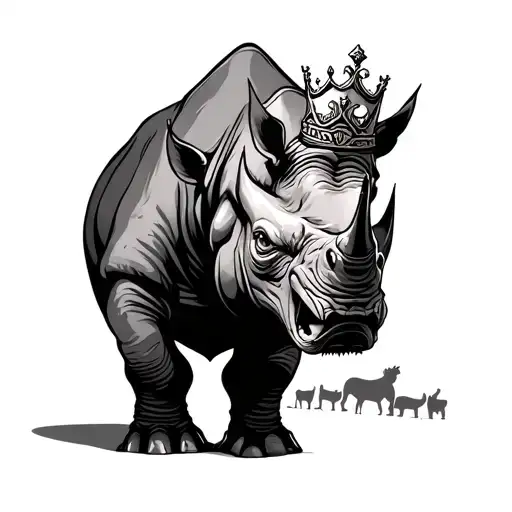angry rhino with his wife with a crown in her head. have another female rhino behind him  tattoo design idea