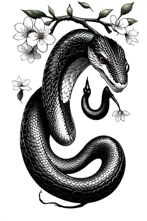 snake with cherry blossoms tattoo design idea