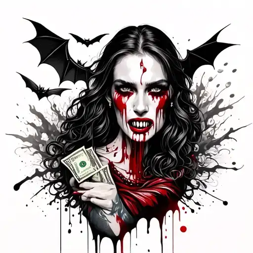 Full-sleeve tattoo, wrist to elbow, street style. Include: forest, money, blood, vampire fangs, bats, wind, flowing wate tattoo design idea