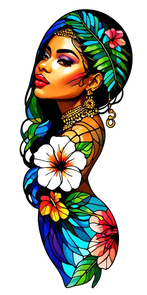 white caribean woman colorful  hibiscus Palm sexy woman stained glass tattoo design idea