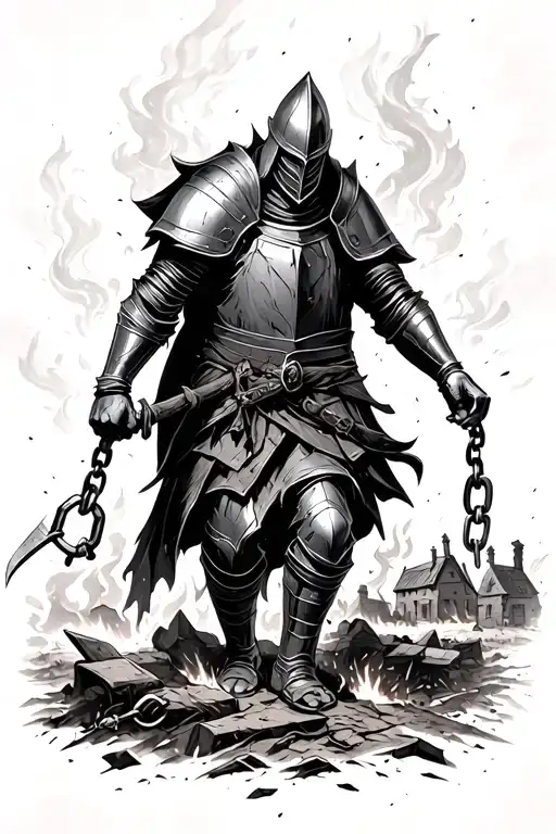 a knight emerging from a burning village with broken shackles dangling from his wrists tattoo design idea