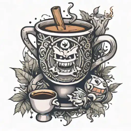 An intricate design combining elements of Danny Phantom, Gengar Pokemon, and a steaming cup of coffee, all intertwined with weed leaves and construction tools tattoo design idea