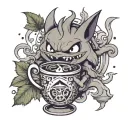 An intricate design combining elements of Danny Phantom, Gengar Pokemon, and a steaming cup of coffee, all intertwined with weed leaves and construction tools tattoo design idea