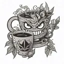 An intricate design combining elements of Danny Phantom, Gengar Pokemon, and a steaming cup of coffee, all intertwined with weed leaves and construction tools tattoo design idea