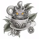 An intricate design combining elements of Danny Phantom, Gengar Pokemon, and a steaming cup of coffee, all intertwined with weed leaves and construction tools tattoo design idea