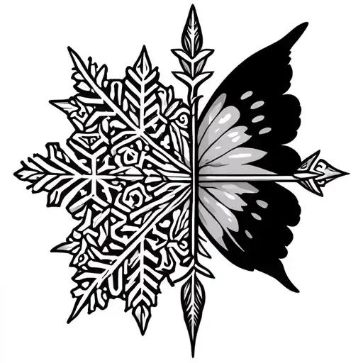 arrow in the middle surrounded by one wing of butterfly at one side and half a snowflake on the other side. simple tattoo design idea