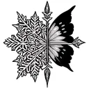 arrow in the middle surrounded by one wing of butterfly at one side and half a snowflake on the other side. simple tattoo design idea