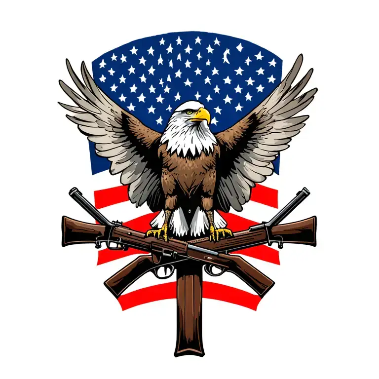 A patriotic bald eagle perched on the Cross Rifles of the US Army Infantry with an American flag in the background. tattoo design idea