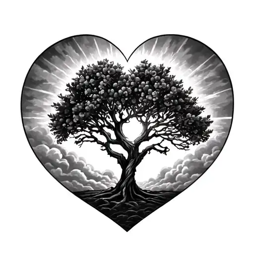 olive tree in a heart, dark and cloudy background with a ray of sun which pierces the clouds and illuminates the tree tattoo design idea