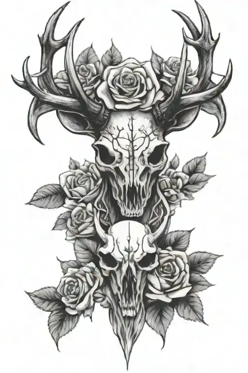 stag skull with roses tattoo design idea