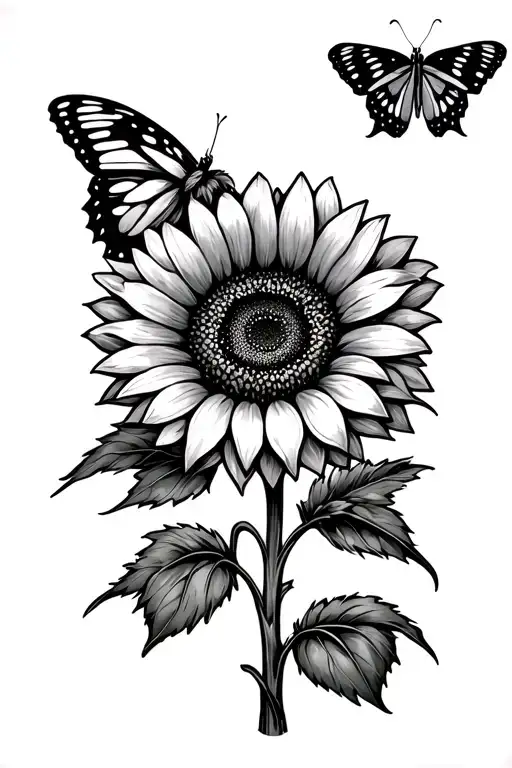 sunflower with butterfly resting tattoo design idea