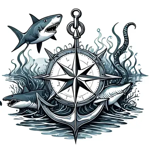 underwater scenes with sharks compass and anchor tattoo design idea