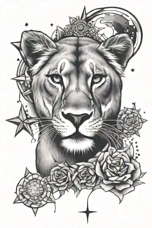 lioness with sun and moon surrounded by stars tattoo design idea