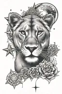 lioness with sun and moon surrounded by stars tattoo design idea
