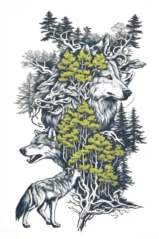 wolf in howling forest scene tattoo design idea