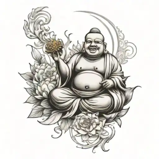 Create a tattoo design for a larger man's stomach featuring a laughing Budai Buddha, aligning his stomach with the man's tattoo design idea
