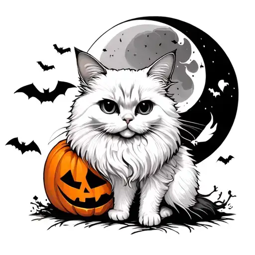 White angora cat with a fluffy tail and a broken ear, sitting behind a Halloween pumpkin, with a moon and bats tattoo design idea