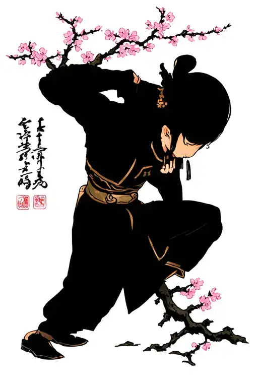 japaness samuri leaning aginsit a cherry blossom tree tattoo design idea