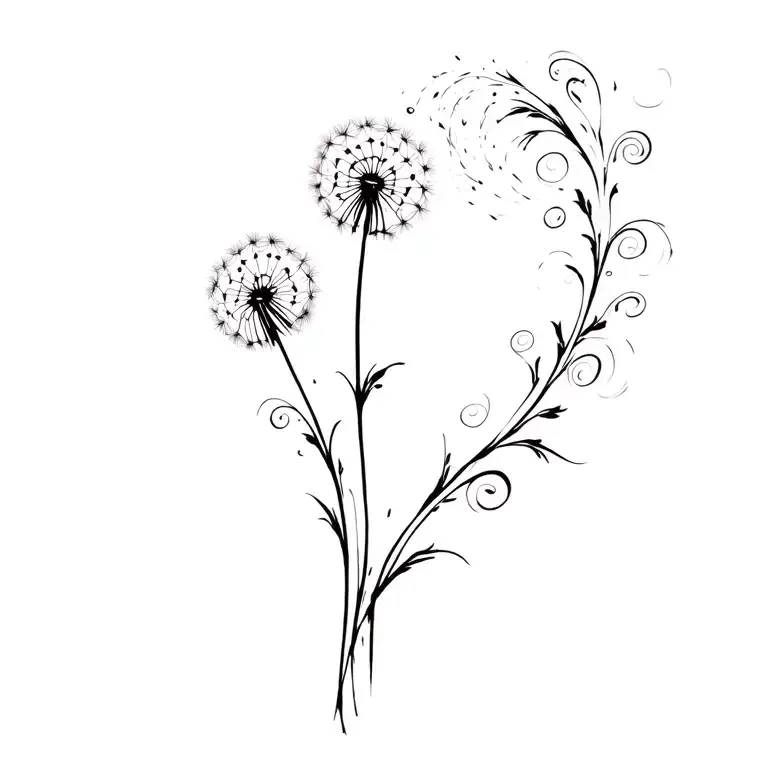 dandelions  blowing away with flows swirly vines in L shape outline tattoo design idea