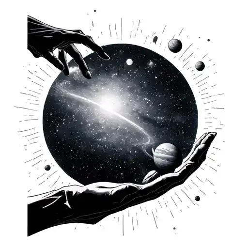 Galaxy themed solar system with reaching hands reaching tattoo design idea